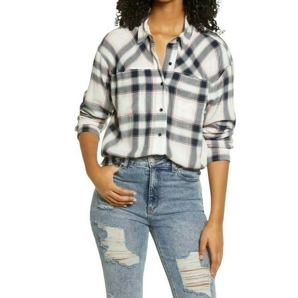 bp Tops - BP High-Low Plaid Button-Up Shirt Size XSmall